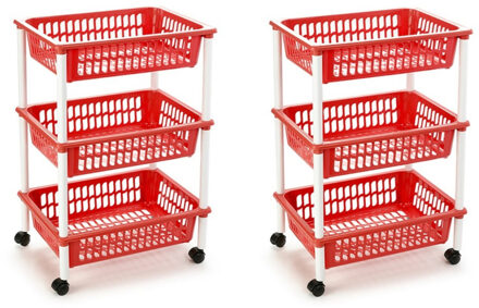 keukentrolley/badkamer - 2x stuks - op wieltjes - 3-laags - rood - kunststof - 40 x 30 x 61,5 Cm