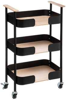 Keukentrolley/kast - zwart - metaal/hout - 75 x 46 x 29 cm - 3 niveaus - Blackwood - Opberg trolley