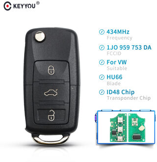 KEYYOU 3 Knoppen Flip Folding Smart Afstandsbediening Autosleutelzakje Voor VW Volkswagen PASSAT Polo Skoda Seat 1J0959753DA 434Mhz met ID48