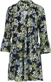 Khaki, ecru en blauwe bloemenjurk met klokmouwen Zwart - XL