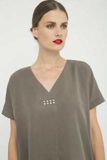 Khaki V Hals Top met Metallic Motief Kaki - EU 40 / UK 12