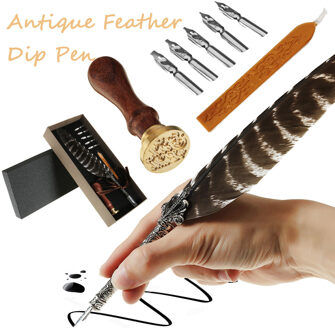 Kicute Vintage Vulpen Feather Quill Pen Metalen Penpunten Dip Schrijven Zwarte Inkt Set Briefpapier Met 5 Nib Collectable Levert