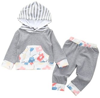 Kid Kinderen Set 2 Stuks Lange Mouwen Broek Jongens Meisjes Katoen Mode Gestreepte Bloemen Hooded Sweater Broek Lente en Herfst XL