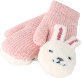 Kid Meisjes Jongens Winter Knit Lanyard Handschoenen Cartoon Patchwork Warm Houden Wanten Winter Kinderen Handschoenen Rekawiczki Dzieciece roze