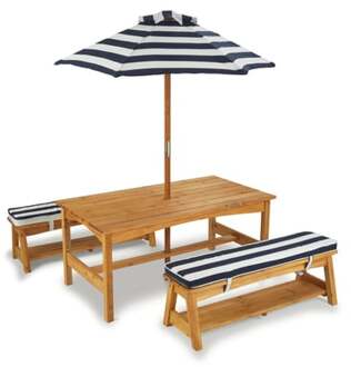 KidKraft Buitenset van tafel en bankjes + kussens en parasol - marineblauw met witte strepen Bruin