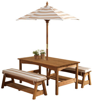 KidKraft Houten Kindertuinset met Tafel, 2 Bankjes, Kussens en Parasol (bruin met witte strepen) - Kidkraft (00500)