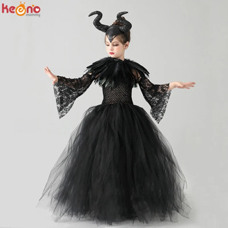 Kids Black Devil Tutu Costume Gothic Halloween Girls Fancy Tutu Dress with Feather Shawl Royal Dark Queen Maleficent Gown Dress
