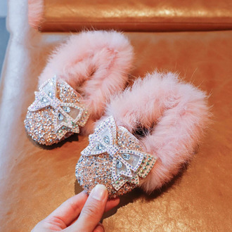 Kids Cotton Shoes Winter Warm Plush Fashion Sequins Bowtie Rhinestone Children Girls Princess Shoe Soft Bottom Loafers SZ315
