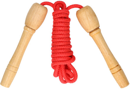 Kids fun Springtouw speelgoed met houten handvat - rood - 240 cm - buitenspeelgoed - Springtouwen