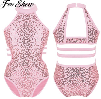 Kids Girls Gymnastics Leotards Child Sparkly Sequins Dancewear Sleeveless Cutouts Back Strappy On Waist Ballet Dance Jumpsuit