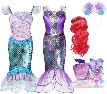Kids Girls Princess Ariell Dress Mermaid Costume Sleeveless Ruffle Mesh Dress Hair Hoop Wig Set Children Christmas Party Dress