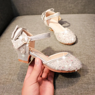 Kids Girls Shoes Sandals Bling Shiny Rhinestone Bow Princess High Heels Dance Shoes Girls Children Waterproof Antiskid Footwear