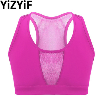 Kids Girls Sports Vest Running Fitness Workout Tanks Tops Solid Color Stretchy Mesh Splice Crop Top Dance Exercise Activewear