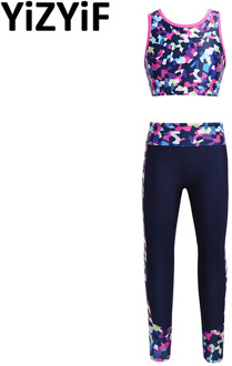 Kids Girls Sportswear Set Dance Exercise Fitness Athleticwear Outfit Digital Print Sleeveless Mesh Tanks Crop Top With Leggings