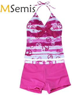 Kids Girls Tankini Swimsuit Heart Print Swimwear Halter Tankini Set with Bra Pads for Summer swimming Children's Bathing Suit