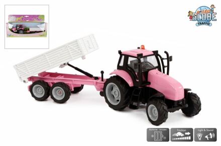 Kids Globe Auto pb Kids Globe tractor roze met aanhanger + licht/geluid: 25 cm