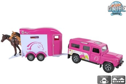 Kids Globe Land Rover met trailer 26cm roze