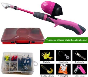 Kids Hengel Draagbare Lichtgewicht Telescopische Practise Hengel Set Met Spincast Reel Fishing Tackle Box Voor Kinderen roze