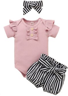 Kids Kleding Baby Meisjes Outfits Effen Kleur Ruche Knop Roze Korte Mouw Romper Top Bodysuit + Streep Shorts Kleding Set 9m