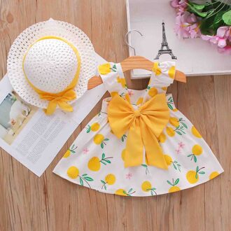 Kids Meisjes Bretels Strik Jurk Lemon Print Prinses Jurk Hoed Outfits Peuter Baby Zomer Kinderkleding Vrouwelijke geel / 4T