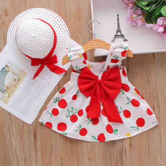 Kids Meisjes Bretels Strik Jurk Lemon Print Prinses Jurk Hoed Outfits Peuter Baby Zomer Kinderkleding Vrouwelijke rood / 3T