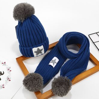 Kids Meisjes Jongens Mutsen Cap Haarbal Skullies Hoed Multicolor Muts Sjaal Pak Katoen Ster Gebreide Muts Sjaal Set Winter warm Set blauw