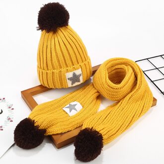 Kids Meisjes Jongens Mutsen Cap Haarbal Skullies Hoed Multicolor Muts Sjaal Pak Katoen Ster Gebreide Muts Sjaal Set Winter warm Set geel