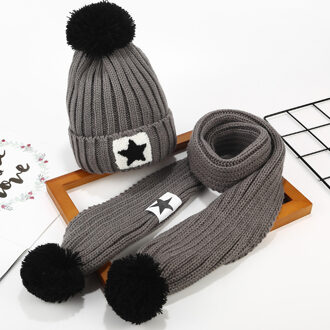 Kids Meisjes Jongens Mutsen Cap Haarbal Skullies Hoed Multicolor Muts Sjaal Pak Katoen Ster Gebreide Muts Sjaal Set Winter warm Set grijs