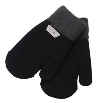 Kids Winter Double Layer Dikke Warm Volledige Vinger Stiksels Gebreide Handschoenen Wanten zwart