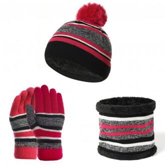 Kids Winter Hoeden Sjaals Handschoenen Kit Katoen Wollen Garen Gebreide Pompom Hoed Warm Beanie Sjaals Handschoen Katoen Drie-Stuk warm Set roos Rood