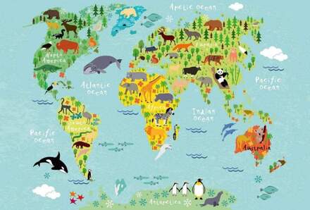 Kids World Map Animals Vlies Fotobehang 384x260cm 8-banen