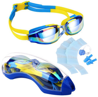 Kids Zwembril + Zwemvliezen handschoenen + Case + Neus + Oordoppen Set HD anti-condens Uv-bescherming Swim Bril op zwembad Blauw