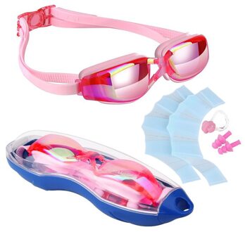 Kids Zwembril + Zwemvliezen handschoenen + Case + Neus + Oordoppen Set HD anti-condens Uv-bescherming Swim Bril op zwembad Roze