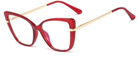 Kiekeboe Retro Cat Eye Bril Voor Computer Uv400 Anti Blauw Licht Vrouwelijke Optische Glazen Frame Vrouwen Clear Lens Half Metalen rood met doorzichtig