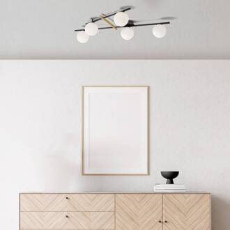 Kika plafondlamp, 5-lamps, zwart/wit, metaal, glas zwart, wit, goud