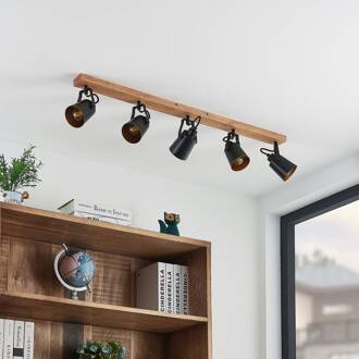 Kimban plafondspot, 5-lamps, 106 cm, hout, metaal zwart, donker hout