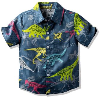 Kimocat Boys 'Korte Mouwen Kinderkleding, Dinosaurus Print Shirt Donkerblauw Top, zomer Mode Casual Wear 2-8 Jaar 6-7T
