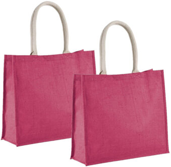 Kimood 2x stuks fuchsia roze jute boodschappentassen 42 cm - Strandtassen