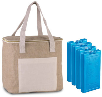 Kimood Grote koeltas jute/canvas 12 liter en 28 x 25 x 17 cm met 4x stuks koelelementen blauw - Koeltas Beige