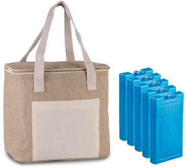 Kimood Grote koeltas jute/canvas 12 liter en 28 x 25 x 17 cm met 5x stuks koelelementen blauw