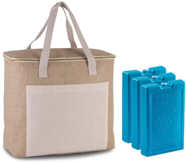 Kimood Grote koeltas jute/canvas 20 liter en 38 x 32 x 16 cm met 3x stuks koelelementen blauw