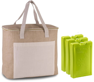 Kimood Grote koeltas jute/canvas 20 liter en 38 x 32 x 16 cm met 3x stuks koelelementen groen - Koeltas Beige