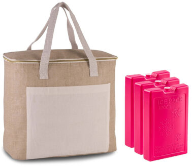 Kimood Grote koeltas jute/canvas 20 liter en 38 x 32 x 16 cm met 3x stuks koelelementen roze - Koeltas Beige