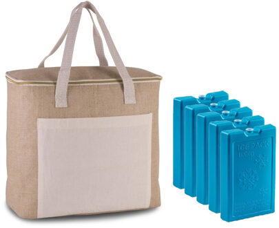 Kimood Grote koeltas jute/canvas 20 liter en 38 x 32 x 16 cm met 5x stuks koelelementen blauw - Koeltas Beige