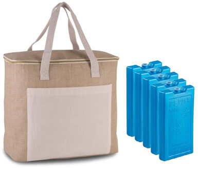 Kimood Grote koeltas jute/canvas 20 liter en 38 x 32 x 16 cm met 5x stuks koelelementen blauw