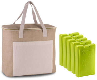 Kimood Grote koeltas jute/canvas 20 liter en 38 x 32 x 16 cm met 5x stuks koelelementen groen
