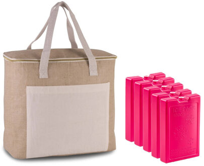 Kimood Grote koeltas jute/canvas 20 liter en 38 x 32 x 16 cm met 5x stuks koelelementen roze