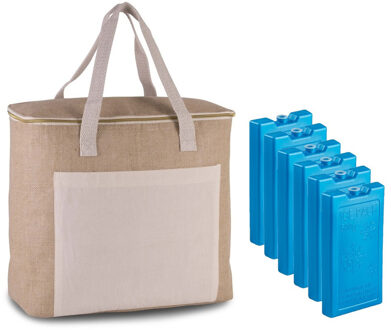 Kimood Grote koeltas jute/canvas 20 liter en 38 x 32 x 16 cm met 6x stuks koelelementen blauw