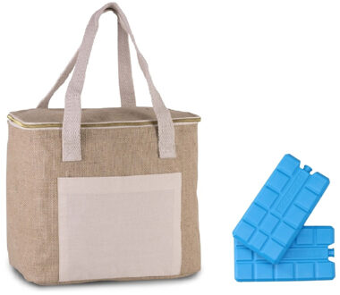 Kimood Grote koeltas jute/canvas naturel 12 liter met 4x stuks koelelementen