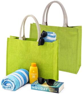 Kimood Jute boodschappen strandtas - 2x stuks - groen - 42 x 36 cm - Strandartikelen beach bags/shoppers